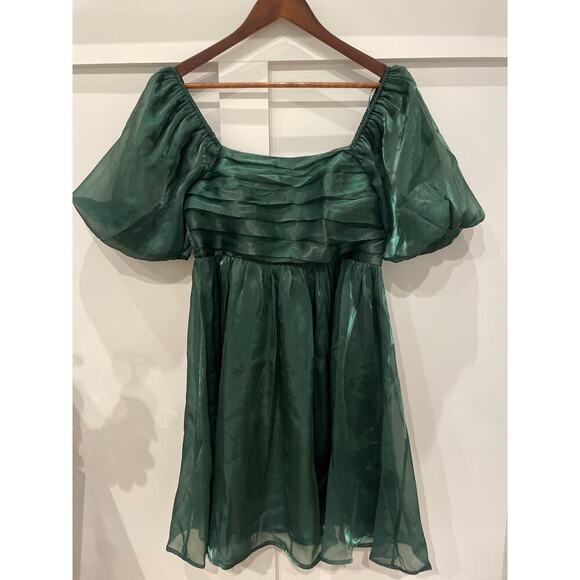 Entro Green Organza Party Bubble Sleeve Mini Dress, L - Picture 4 of 9